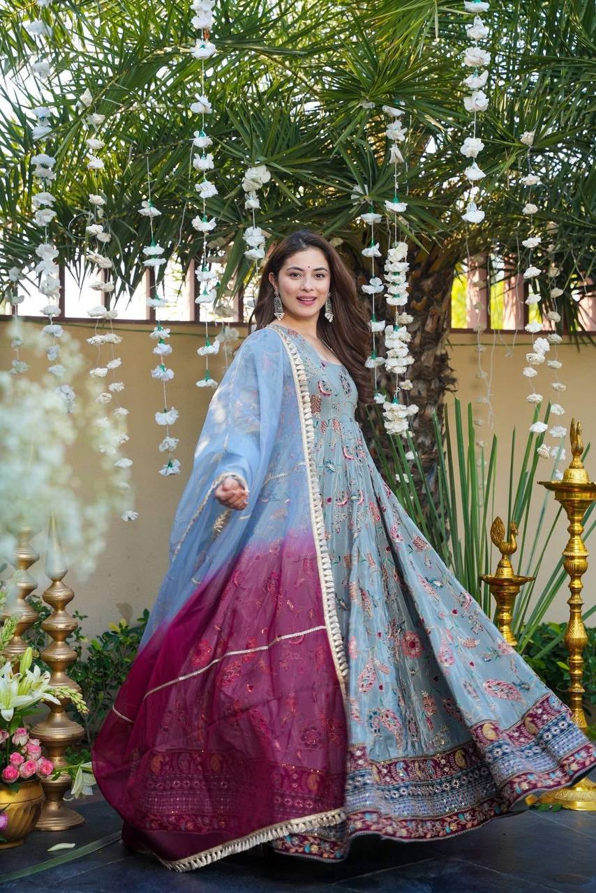 Elegance Jimmy Organza Silk Digital Printed Anarkali Gown With Dupatta