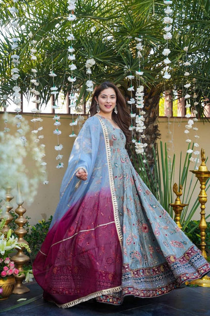 Elegance Jimmy Organza Silk Digital Printed Anarkali Gown With Dupatta