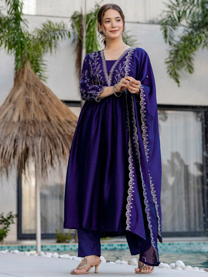 Stunning Vichitra Silk Embroidered Flared Kurti Set