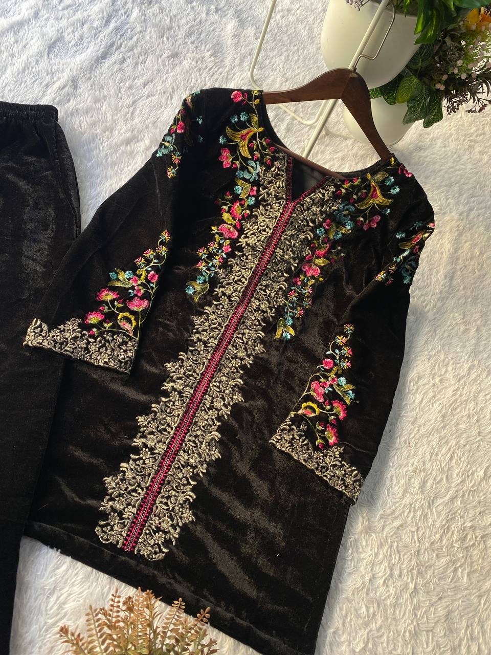 Velvet Embroidered Full Stitched Two Piece