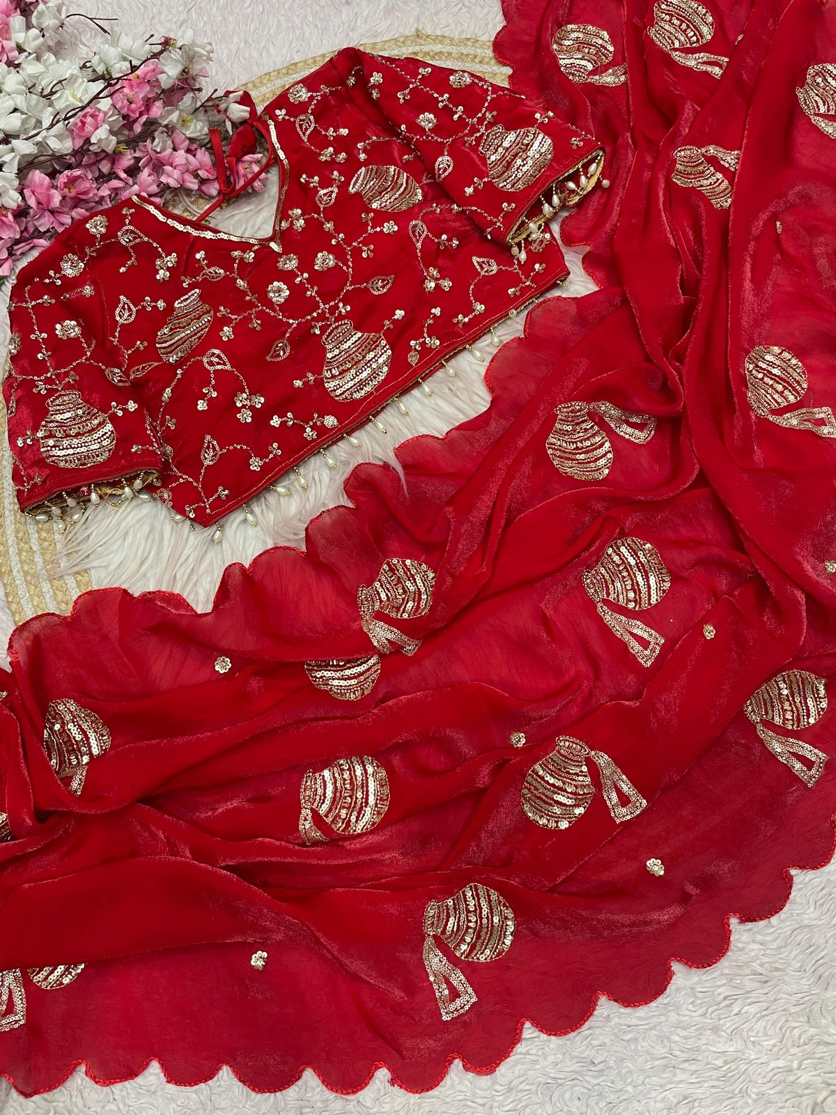Designers Satin Red Hand Work Saree