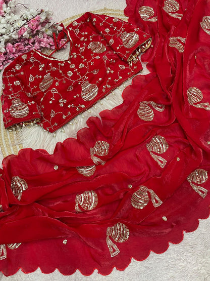 Designers Satin Red Hand Work Saree