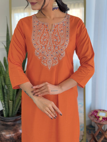 Orange Rayon Embroidered Straight Kurta With Pant