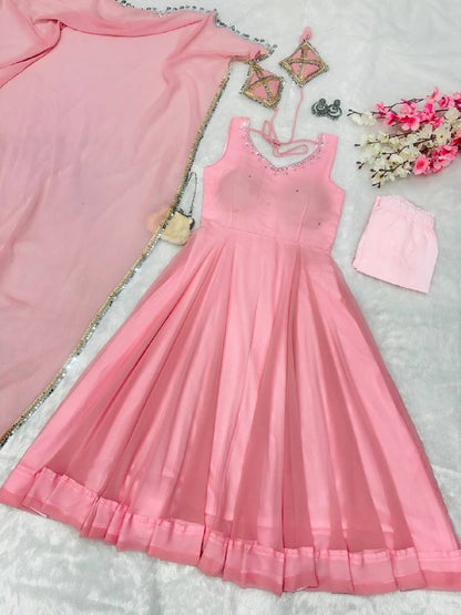 Baby Pink Plain Gergette Sleeveless Anarkali Kurti