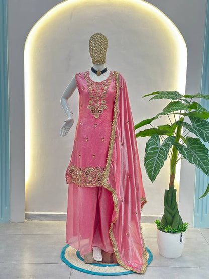 Pink Fendy Silk Kurti Set with Embroidered Dupatta