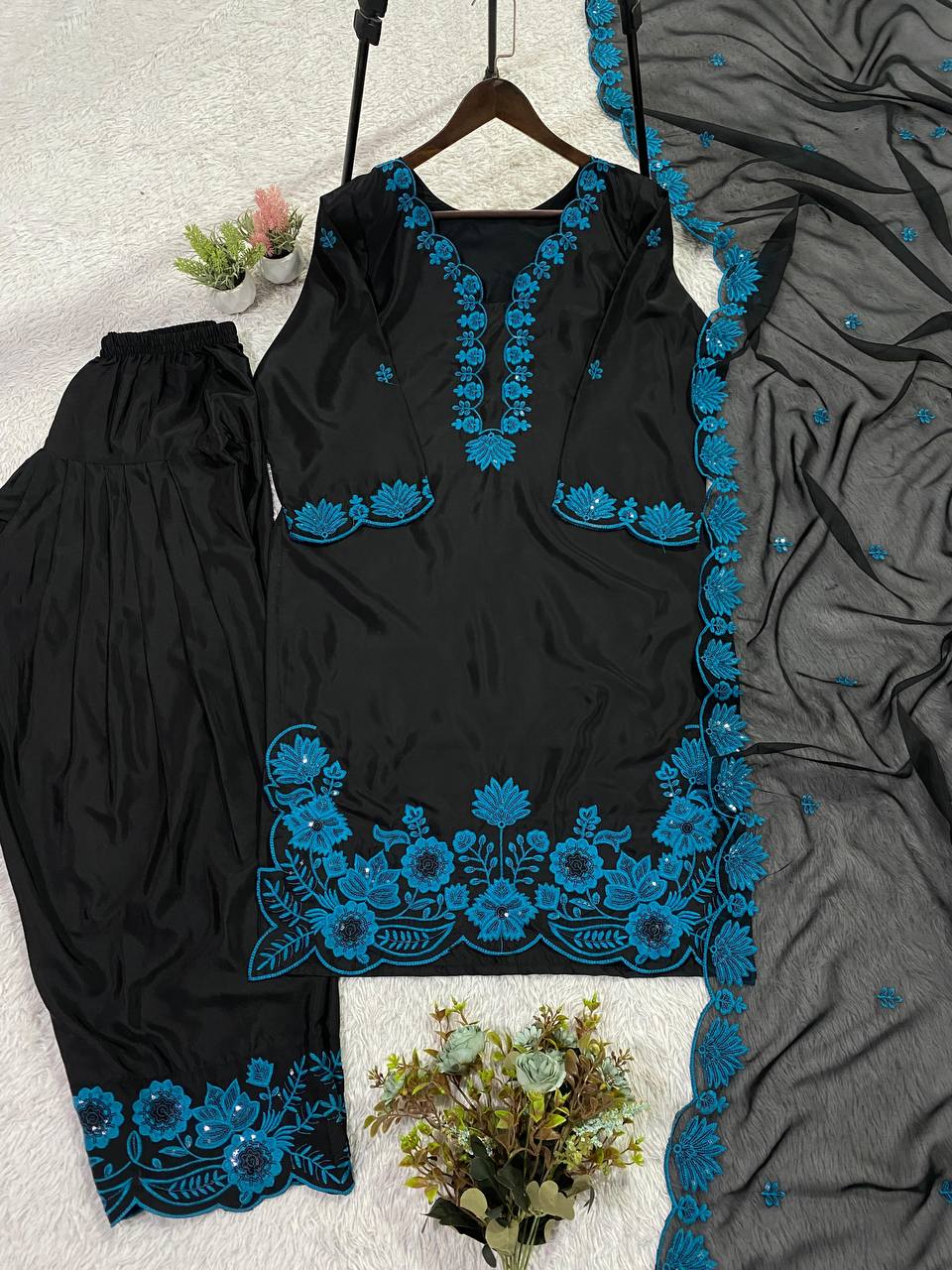 Designer Crape Silk Embroidered Kurta Salwar Set