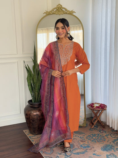 Orange Rayon Embroidered Straight Kurta With Pant