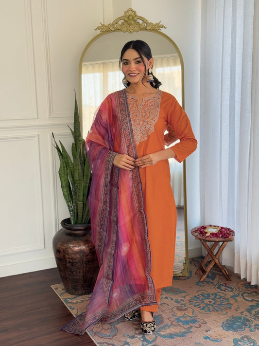 Orange Rayon Embroidered Straight Kurta With Pant