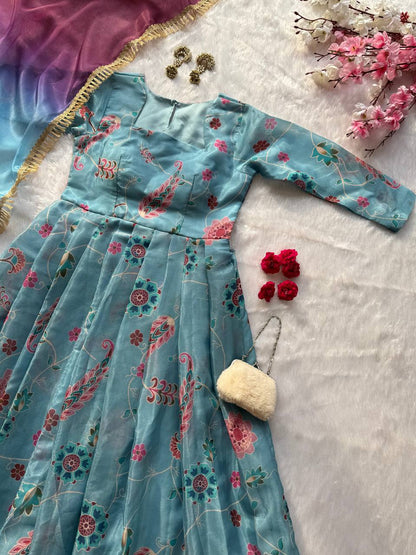 Elegance Jimmy Organza Silk Digital Printed Anarkali Gown With Dupatta