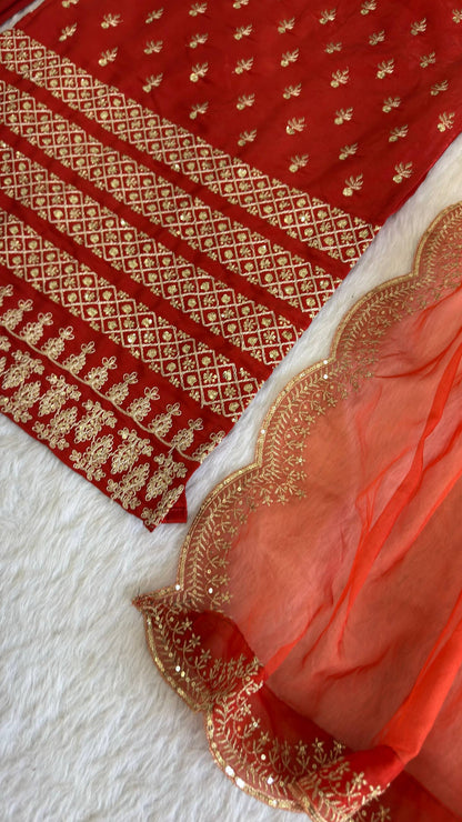 Women’s Red Embroidered Suit Set with Dupatta