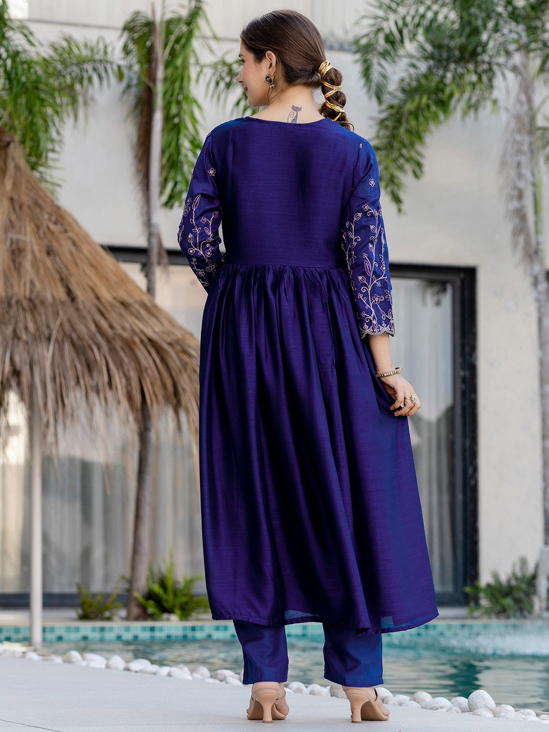 Stunning Vichitra Silk Embroidered Flared Kurti Set