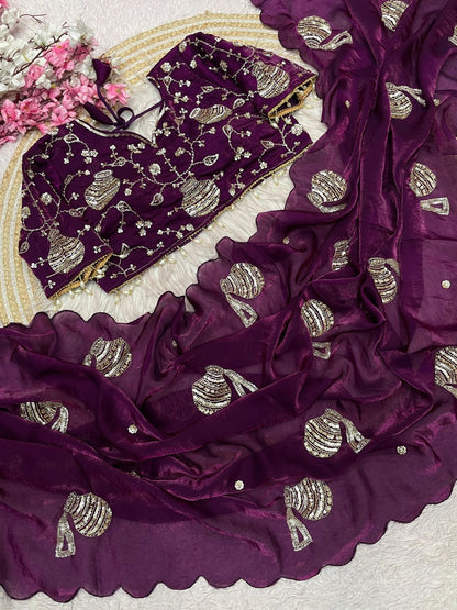 Wine Matka Handwork Satin Saree With Blouse