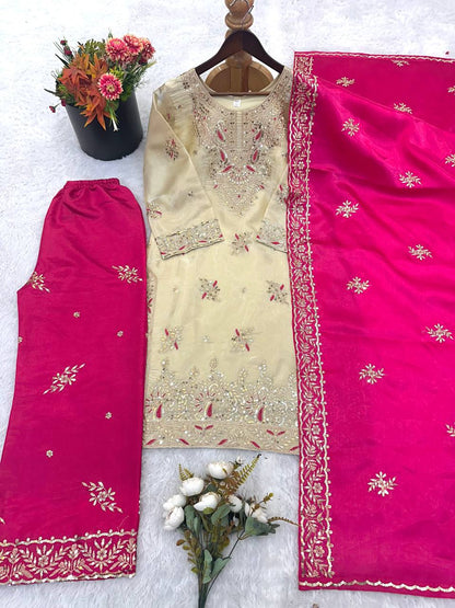 Cream And Pink Embroidered Palazzo Suit Set