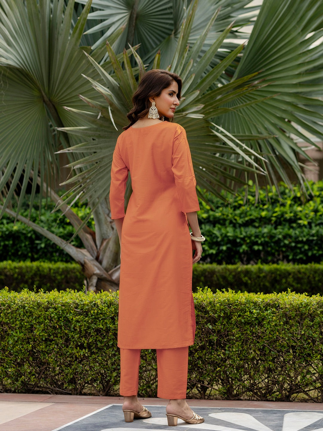 Orange Rayon Embroidered Straight Kurta With Pant