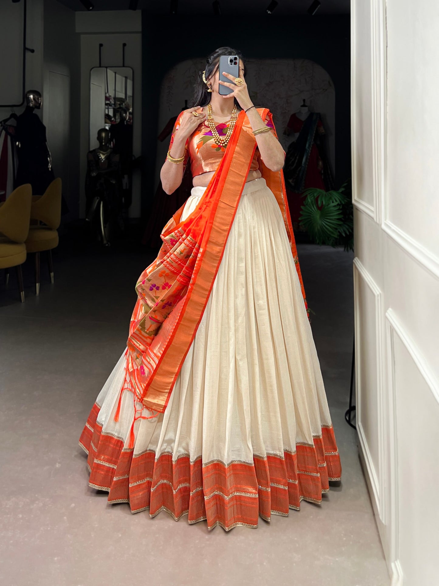 Designer Vichitra Silk Creamy Paithani Lehenga Choli