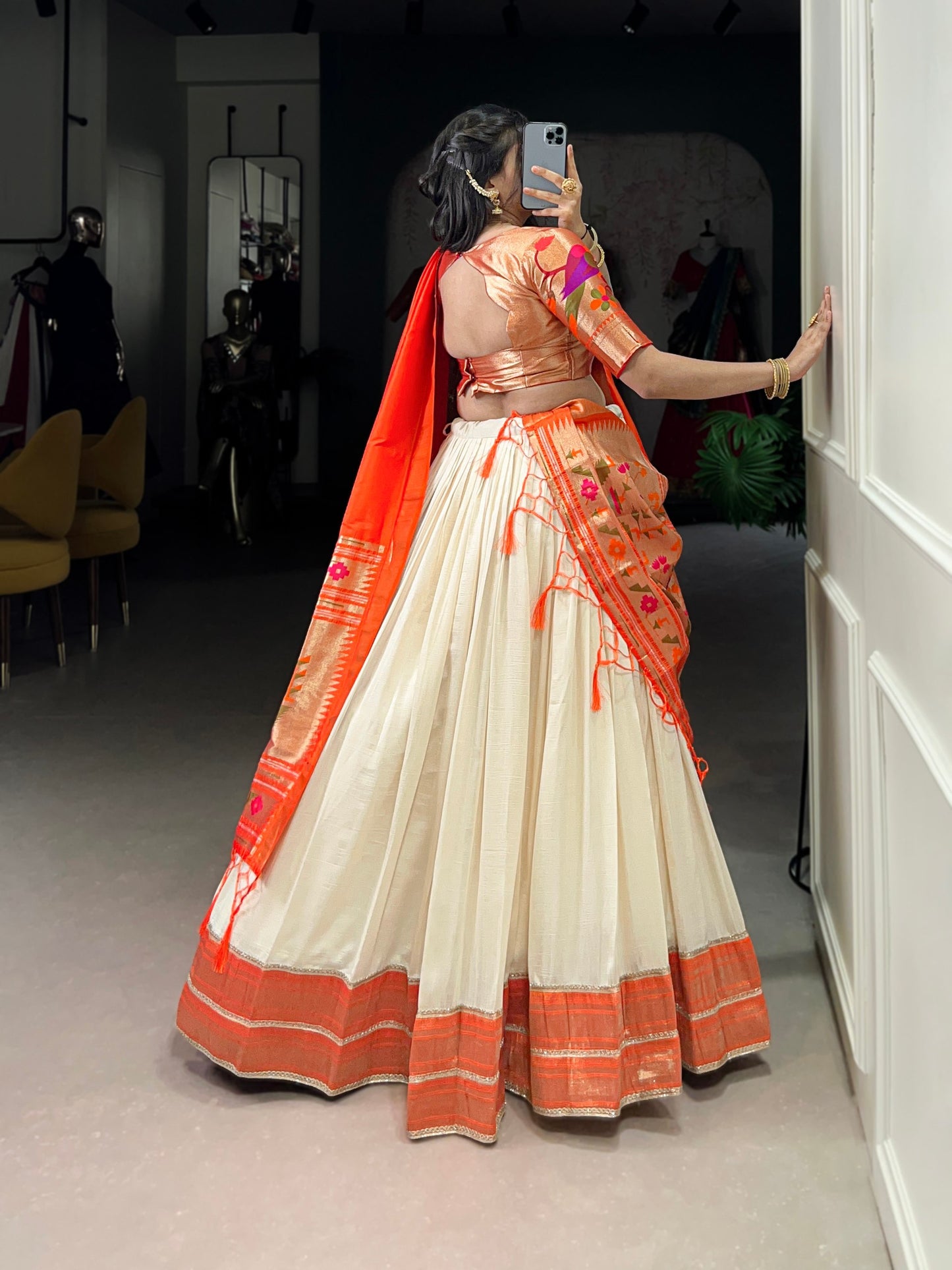 Designer Vichitra Silk Creamy Paithani Lehenga Choli