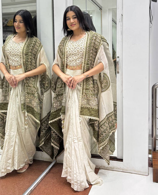 Ivory and Olive Green Chikankari Style Three-Piece Skirt Set with Embroidered Shrug