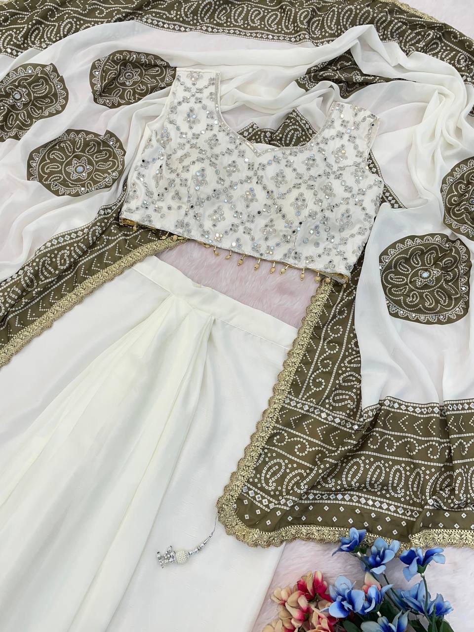 Ivory and Olive Green Chikankari Style Three-Piece Skirt Set with Embroidered Shrug