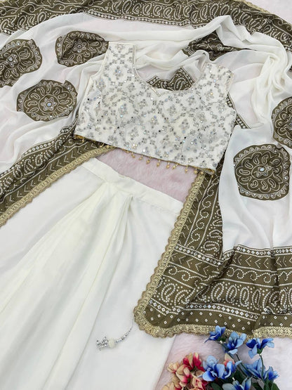 Ivory and Olive Green Chikankari Style Three-Piece Skirt Set with Embroidered Shrug