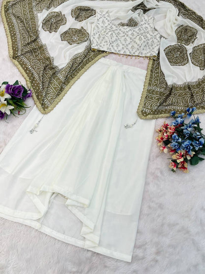 Ivory and Olive Green Chikankari Style Three-Piece Skirt Set with Embroidered Shrug