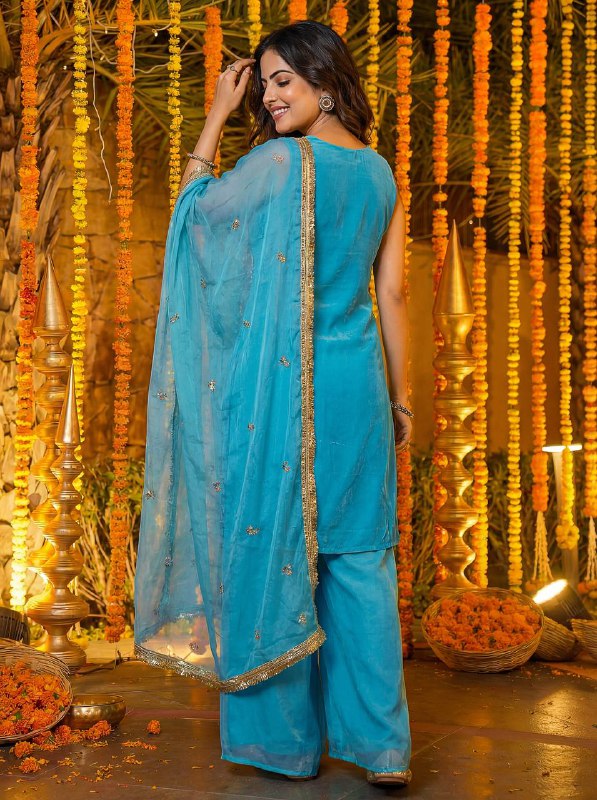 Sky Blue Beads And Sequin Embroidered Fendy Silk Kurti Set