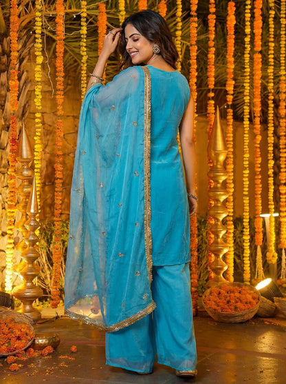 Sky Blue Beads And Sequin Embroidered Fendy Silk Kurti Set