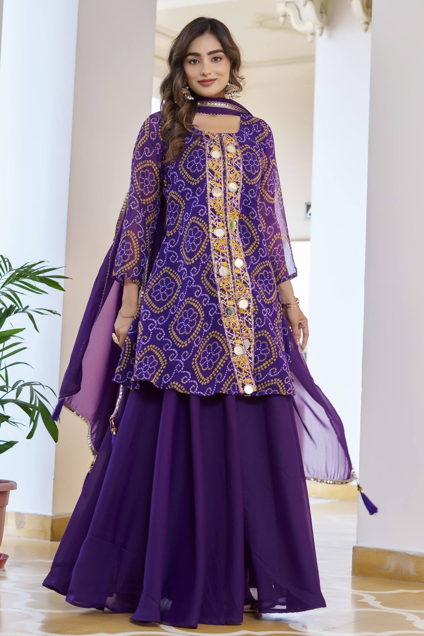 Fox Georgette Bandhani Kurti Palazzo with Original Mirror Work