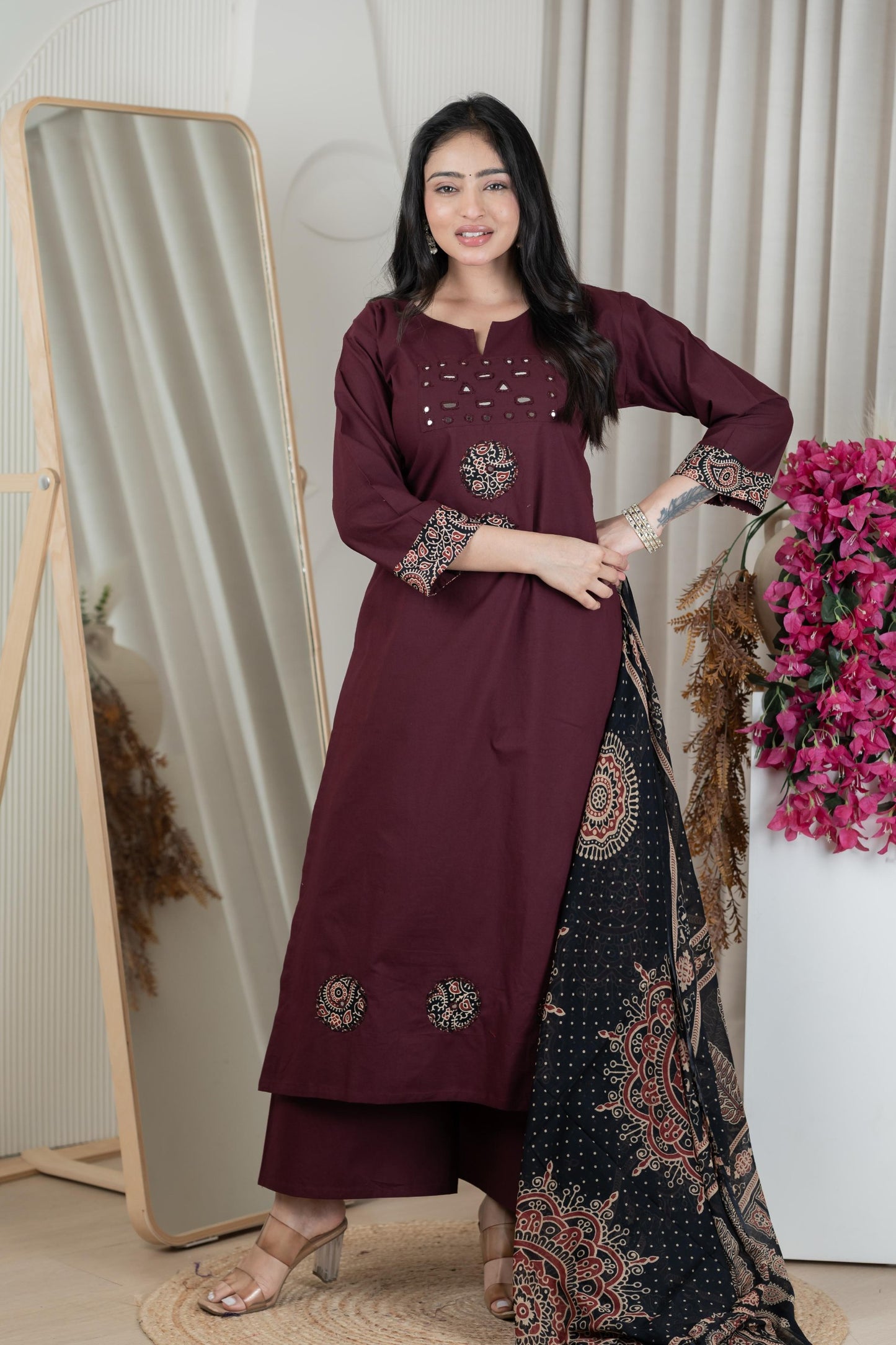 Comfortable Cotton Maroon Kurti Palazzo Set