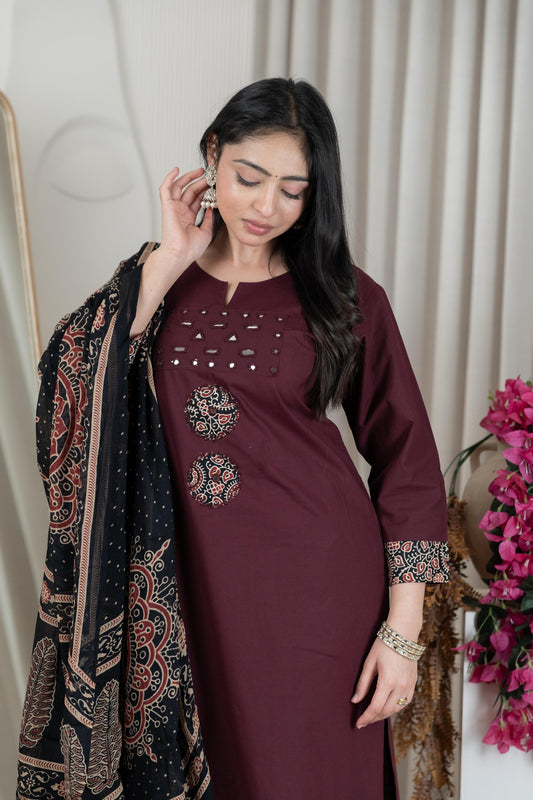 Comfortable Cotton Maroon Kurti Palazzo Set