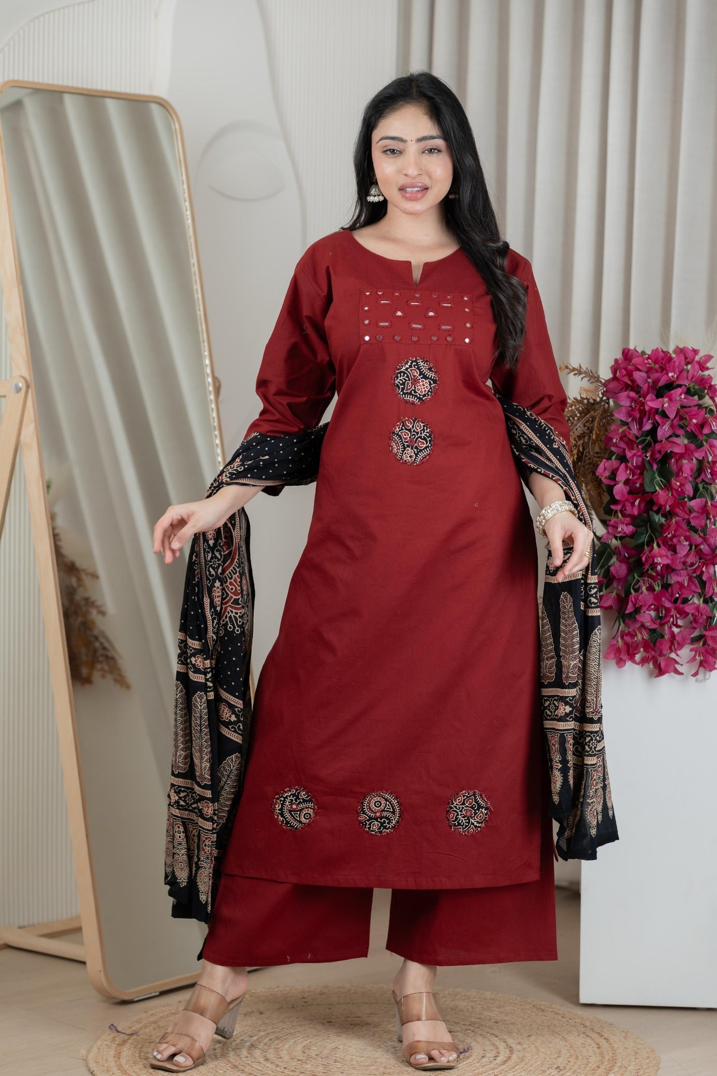 Handwork Red Cotton Kurti Set With Printed Dupatta
