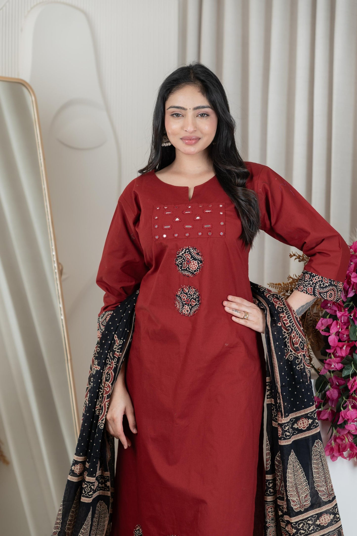 Handwork Red Cotton Kurti Set With Printed Dupatta