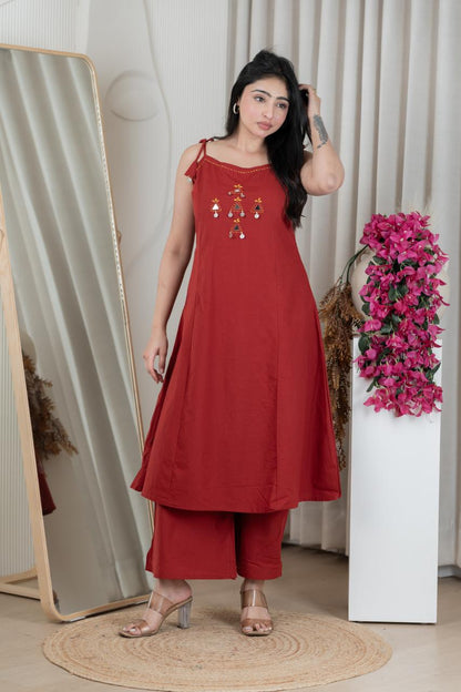 Modern A line Red 2 pc Kurti Set