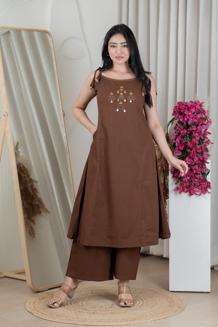 Spaghetti Brown A line Kurti Palazzo Set