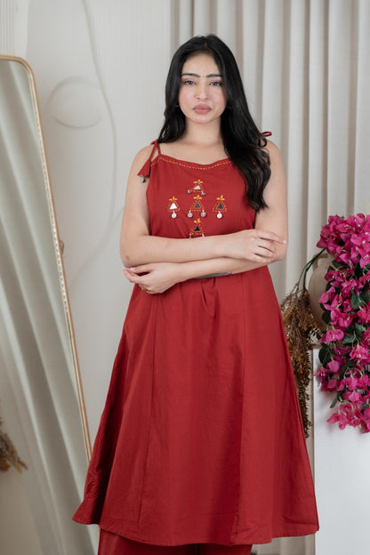 Modern A line Red 2 pc Kurti Set