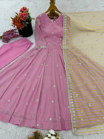 Fully Stitched sequins Georgette Designer Pink Gown Set