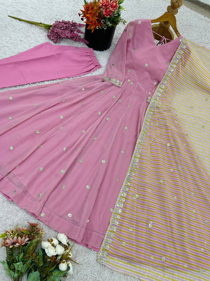 Fully Stitched sequins Georgette Designer Pink Gown Set