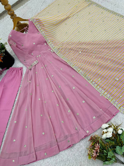 Fully Stitched sequins Georgette Designer Pink Gown Set