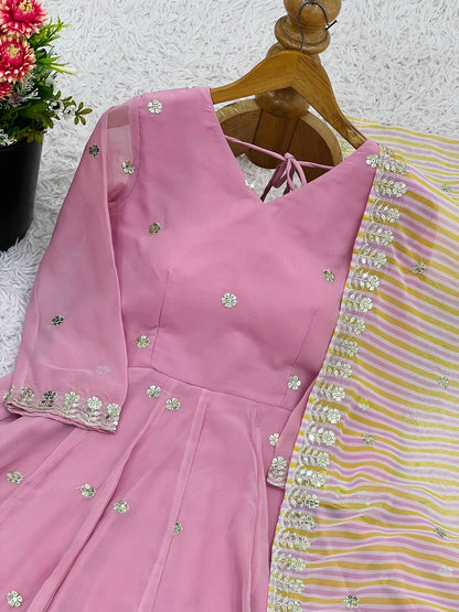 Fully Stitched sequins Georgette Designer Pink Gown Set