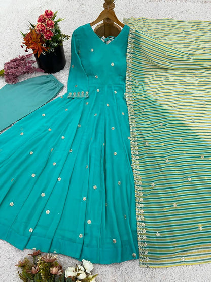 Chanderi Blend Turquoise Blue Kurta Set with Elegant Stripe Dupatta