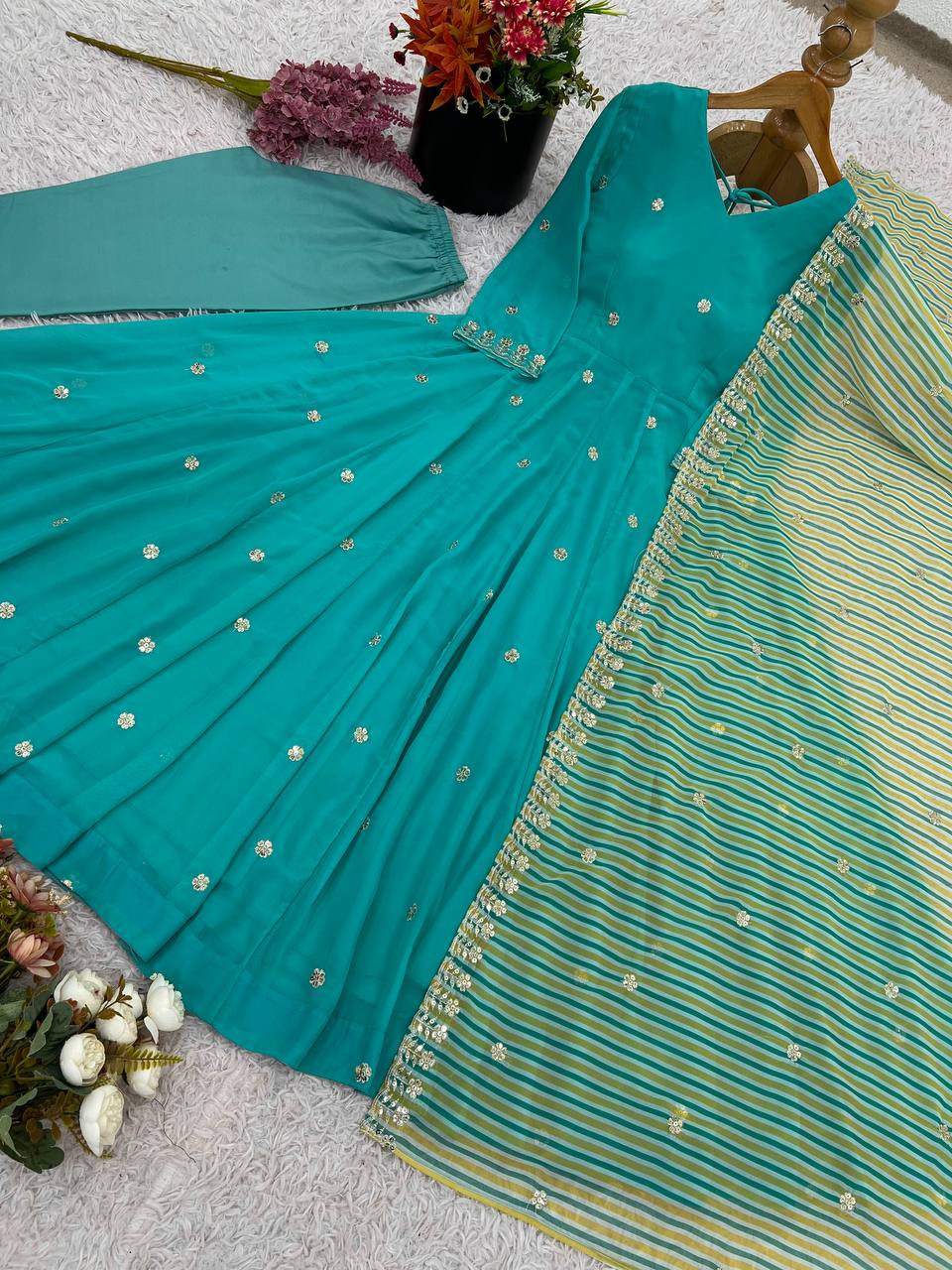 Chanderi Blend Turquoise Blue Kurta Set with Elegant Stripe Dupatta