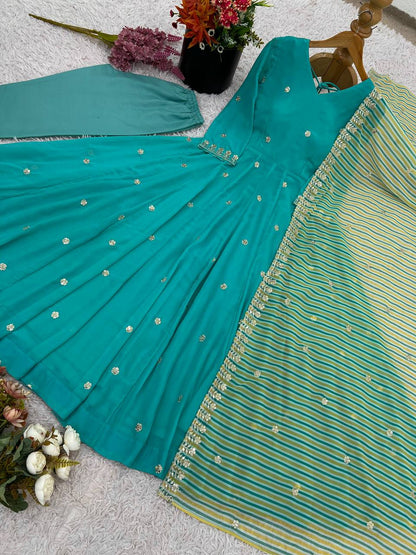 Chanderi Blend Turquoise Blue Kurta Set with Elegant Stripe Dupatta