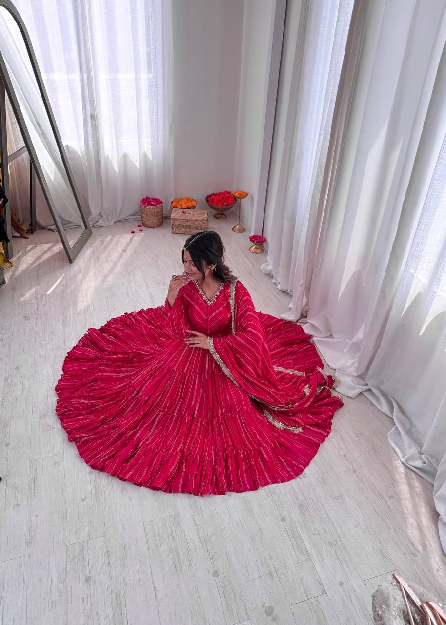 Designer Mal Chanderi Ruffle Gown with Dupatta & Pant