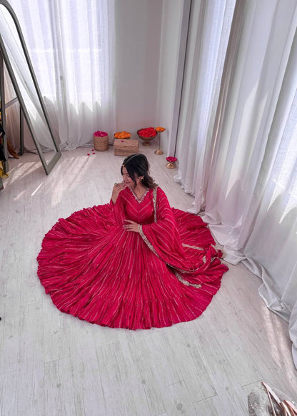 Designer Mal Chanderi Ruffle Gown with Dupatta & Pant