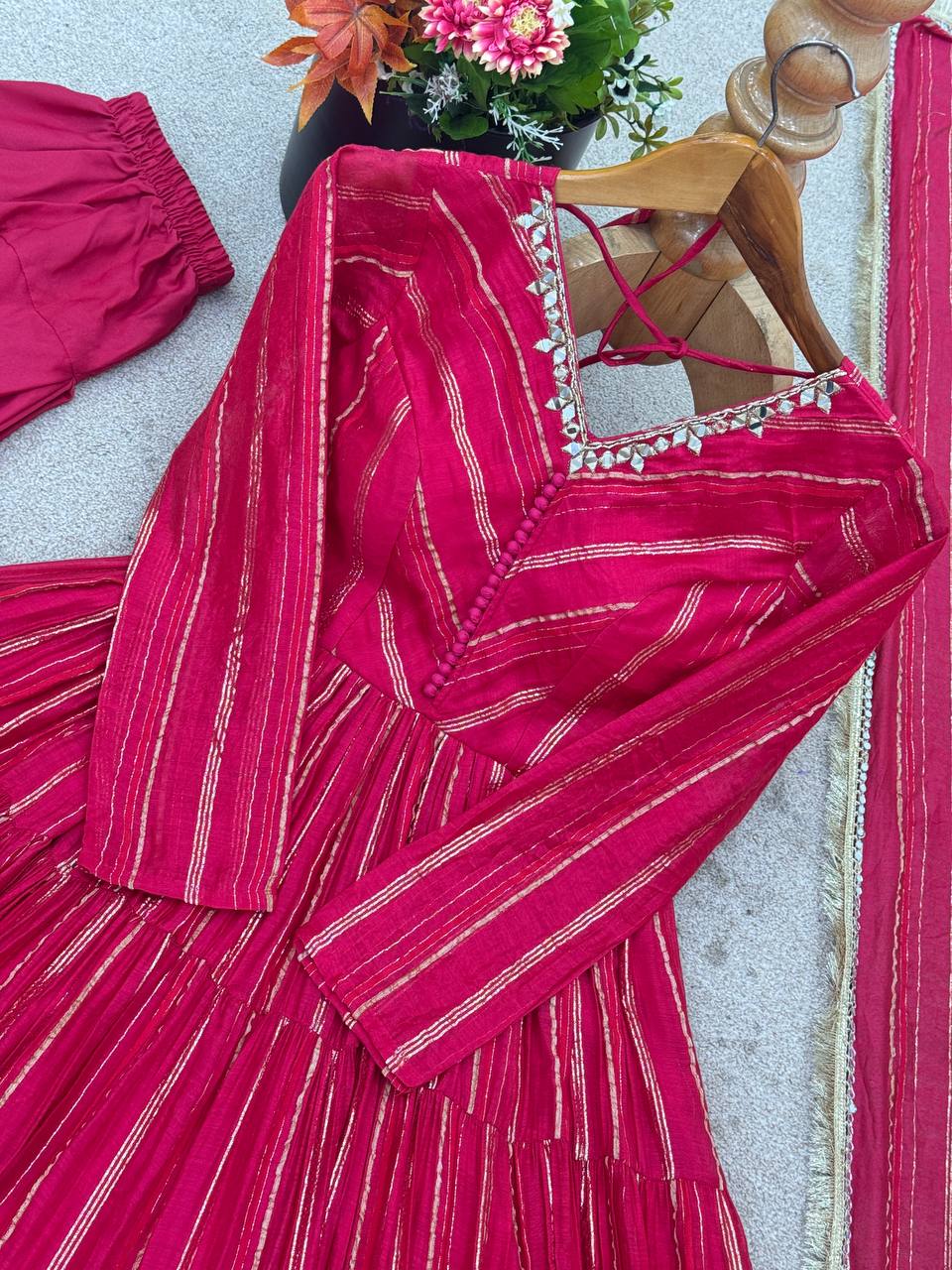 Designer Mal Chanderi Ruffle Gown with Dupatta & Pant