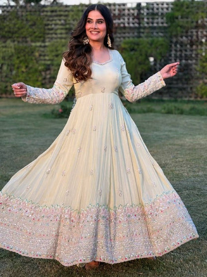 Heavy Embroidery Sequence Work White Anarkali Suit