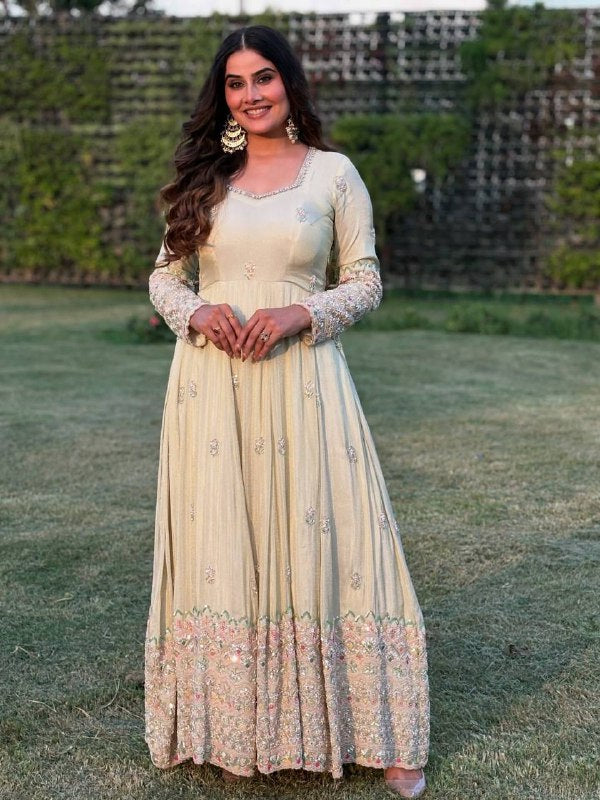 Heavy Embroidery Sequence Work White Anarkali Suit