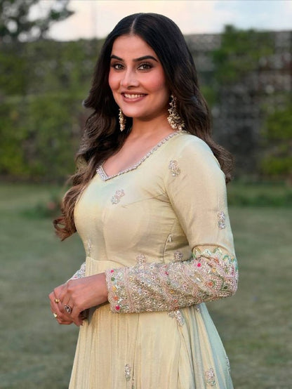 Heavy Embroidery Sequence Work White Anarkali Suit