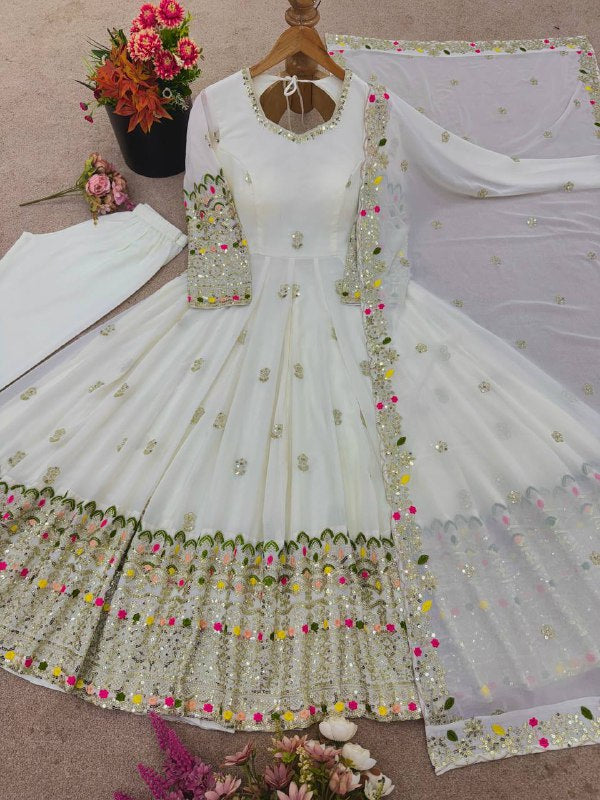 Heavy Embroidery Sequence Work White Anarkali Suit