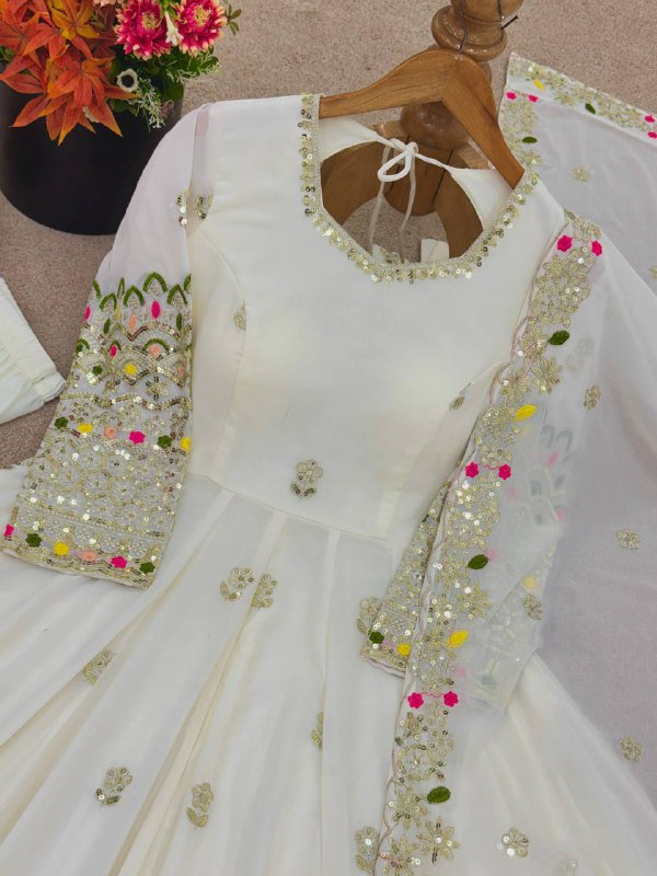 Heavy Embroidery Sequence Work White Anarkali Suit