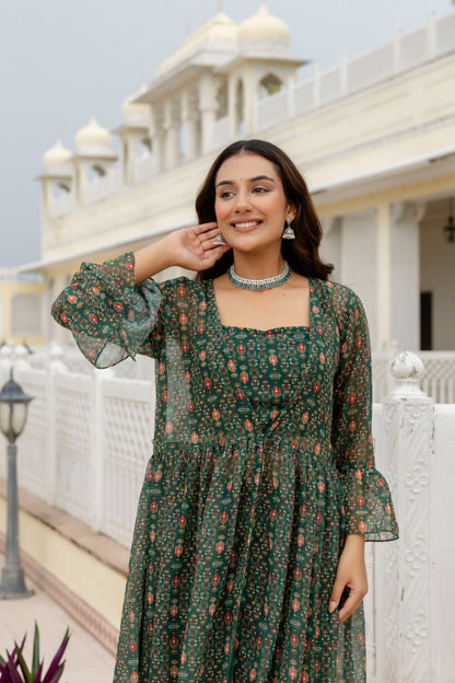 Mehndi Wear Digital Printed Green Indo Western Dress